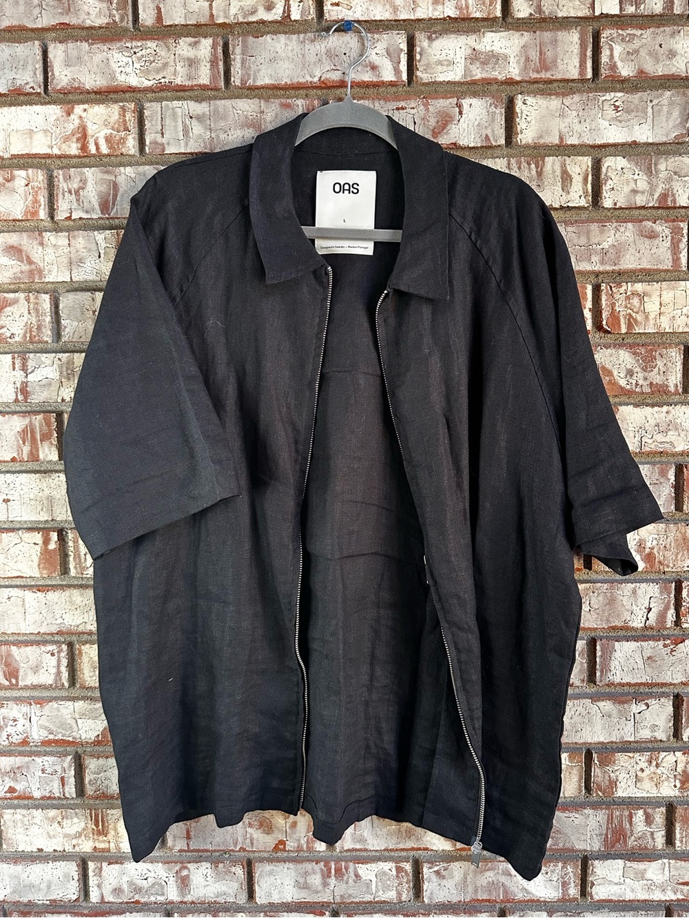OAS Zipper Linen Collar Shirt Black Size L